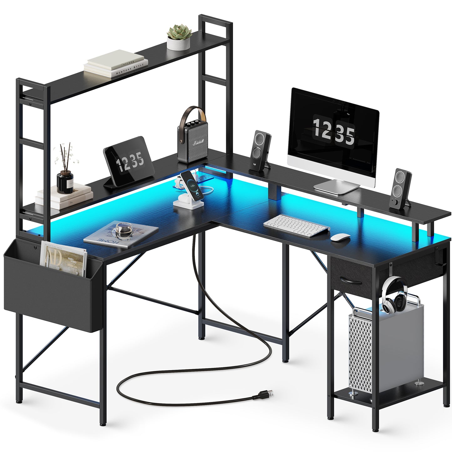 Huuger L Shaped Desk Gaming Desk with LED Lights & Power Outlets, Computer Desk with Storage Shelves, Black