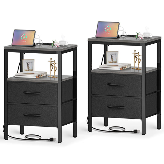Huuger Nightstands Set of 2, End Tables, Side Tables with Fabric Drawers, Bedside Tables with USB Ports and Outlets, Charcoal Gray