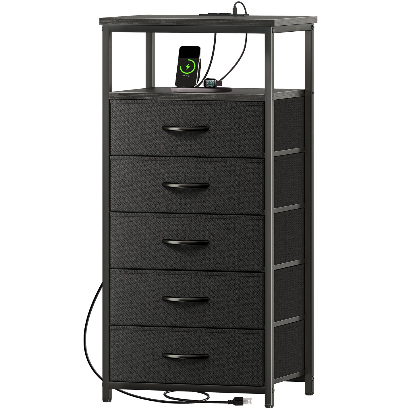 Huuger 5 Drawers Dresser with Charging Station, Dresser for Bedroom, Tall Night Stand, Chest of Drawers with Open Shelf, Bedside Table Nightstand, Fabric Storage Drawers, for Entryway, Black