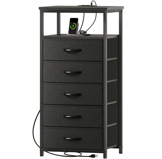 Huuger 5 Drawers Dresser with Charging Station, Dresser for Bedroom, Tall Night Stand, Chest of Drawers with Open Shelf, Bedside Table Nightstand, Fabric Storage Drawers, for Entryway, Black