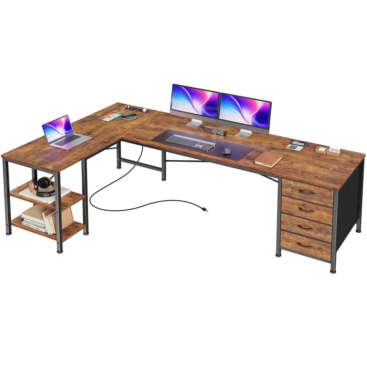 Huuger 63 Inch L Shaped Desk with Fabric Drawers, Computer Office Desk with Power Outlets and USB-C Port, Corner Desk with Storage Shelves, Work Study Home Office, Reversible, Rustic Brown