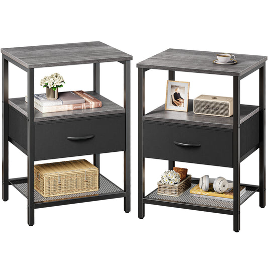 Huuger Nightstand Set of 2, Night Stand with Fabric Drawer, Mesh Shelf, Side Table with Storage, Fabric Drawer Dresser, Open Shelf, Metal Frame, Bedroom, Charcoal Gray