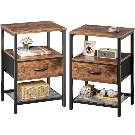 Huuger Nightstand Set of 2, Night Stand with Fabric Drawer, Mesh Shelf, Side Table with Storage, Fabric Drawer Dresser, Open Shelf, Metal Frame, Bedroom, Rustic Brown