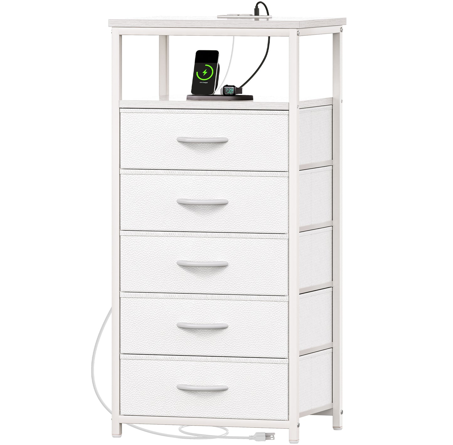 Huuger 5 Drawers Dresser with Charging Station, Dresser for Bedroom, Tall Night Stand, Chest of Drawers with Open Shelf, Bedside Table Nightstand, Fabric Storage Drawers, for Entryway, Black