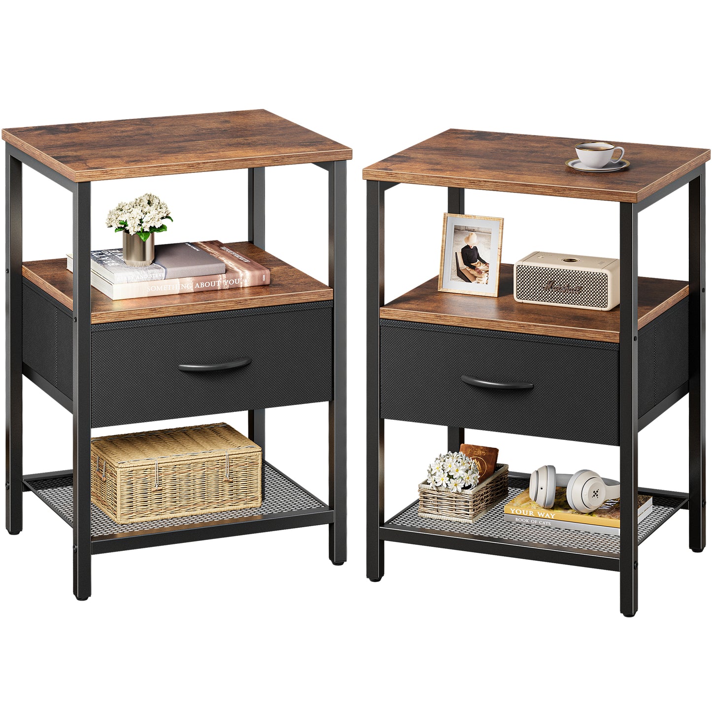 Huuger Nightstand Set of 2, Night Stand with Fabric Drawer, Mesh Shelf, Side Table with Storage, Fabric Drawer Dresser, Open Shelf, Metal Frame, Bedroom, Rustic Brown and Black