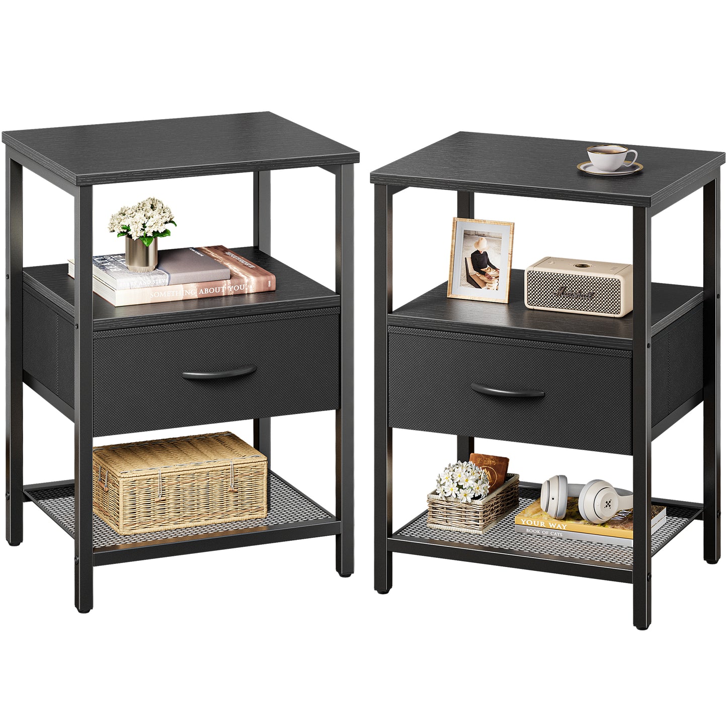 Huuger Nightstand Set of 2, Night Stand with Fabric Drawer, Mesh Shelf, Side Table with Storage, Fabric Drawer Dresser, Open Shelf, Metal Frame, Bedroom, Black