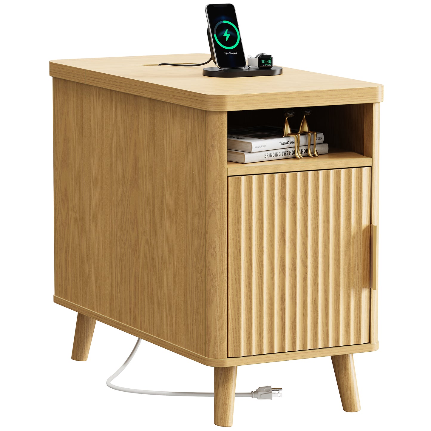 Huuger Narrow End Table with Charging Station, USB-C Port, Fluted Nightstand with Storage Cabinet, Back Rack, Side Table for Small Spaces, 13.4 × 23.6 Inch Night Stand with Storage, Natural
