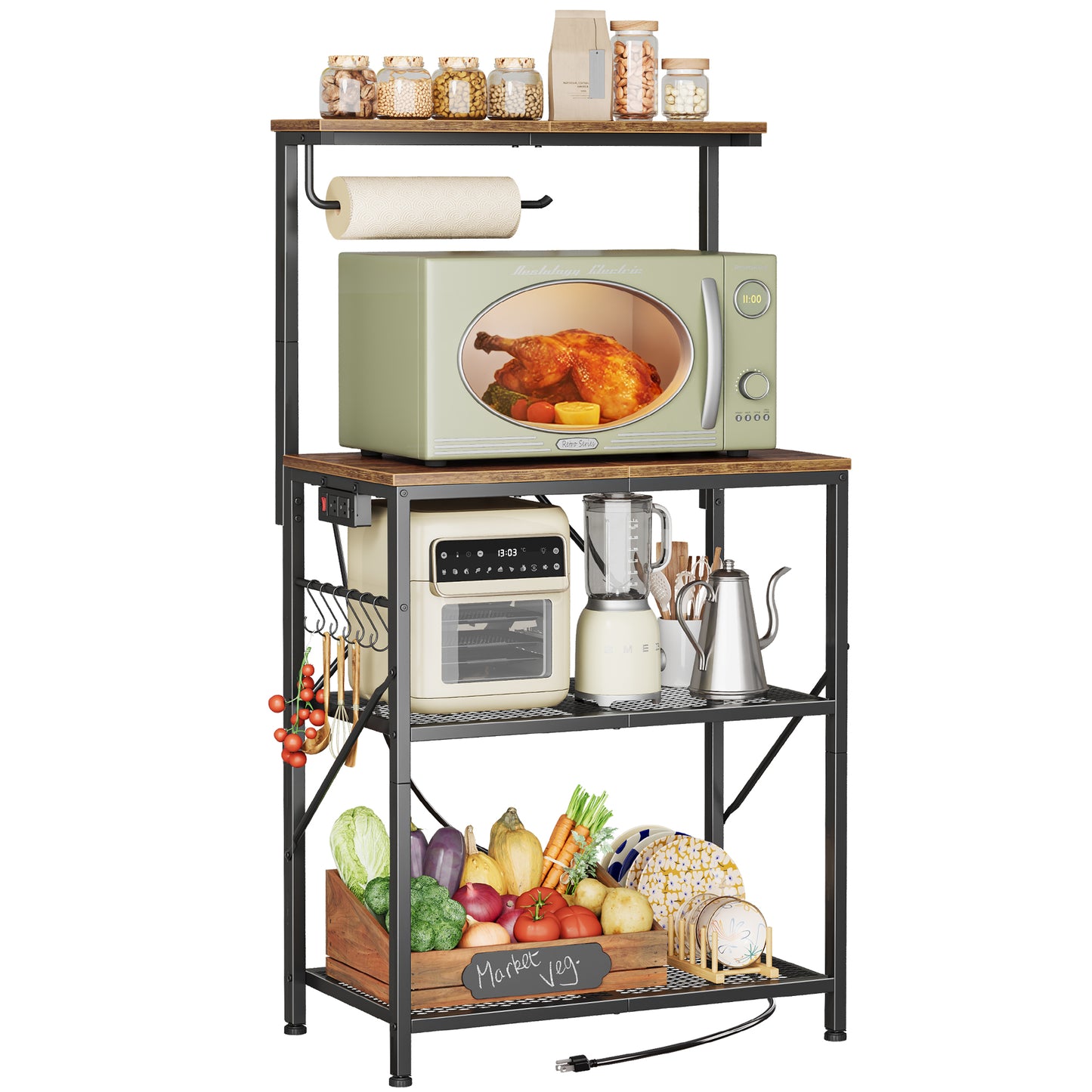 Huuger 4-Tier Bakers Rack with Reversible Power Outlet, 23.6 Inch Microwave Stand, Kitchen Coffee Bar, with Top Shelf, 6 S Hooks, Rustic Brown