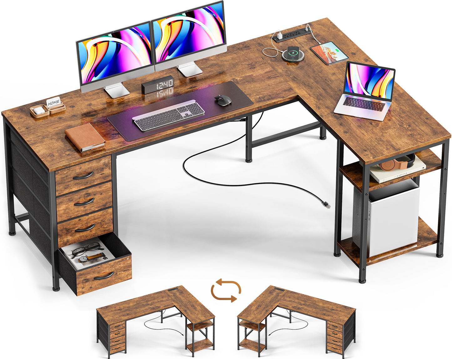 Huuger 63 Inch L Shaped Desk with Fabric Drawers, Computer Office Desk with Power Outlets and USB-C Port, Corner Desk with Storage Shelves, for Gaming Work Study Home Office, Reversible, Rustic Brown