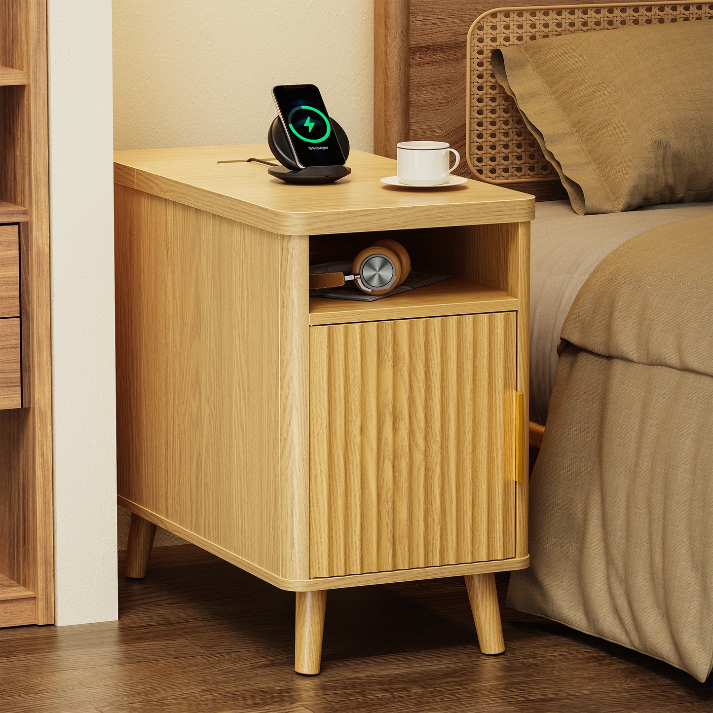 Huuger Narrow End Table with Charging Station, USB-C Port, Fluted Nightstand with Storage Cabinet, Back Rack, Side Table for Small Spaces, 13.4 × 23.6 Inch Night Stand with Storage, Natural