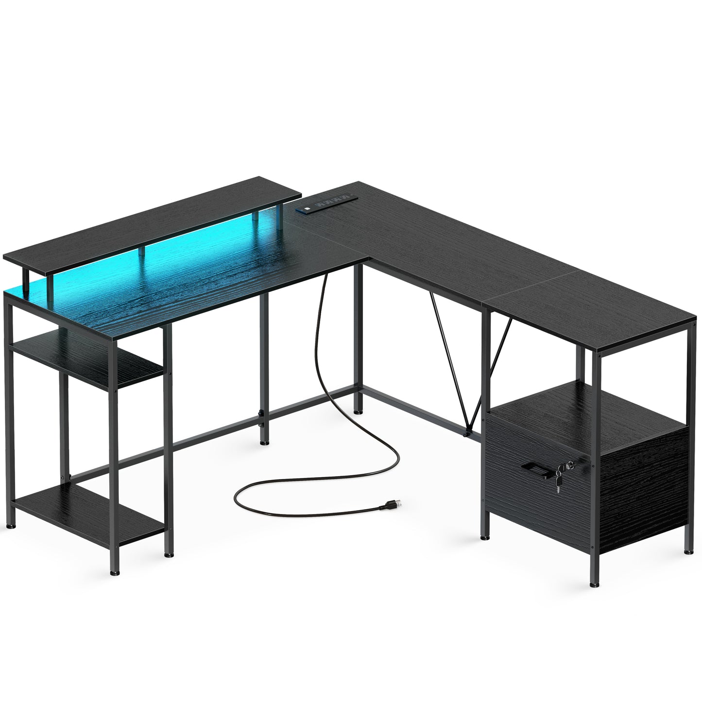 Huuger L Shaped Desk with Power Outlets & LED Lights, Reversible Computer Desk with Storage Shelves & File Cabinet, Black