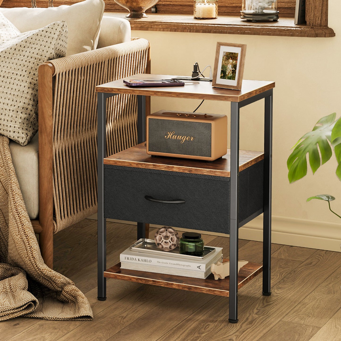 SUPERJARE Nightstand with Charging Station, USB-C Port, Bedside Table Night Stand for Bedroom, with Adjustable Fabric Drawer, 3-Tier Storage End Table, for Living Room, Rustic Brown & Black