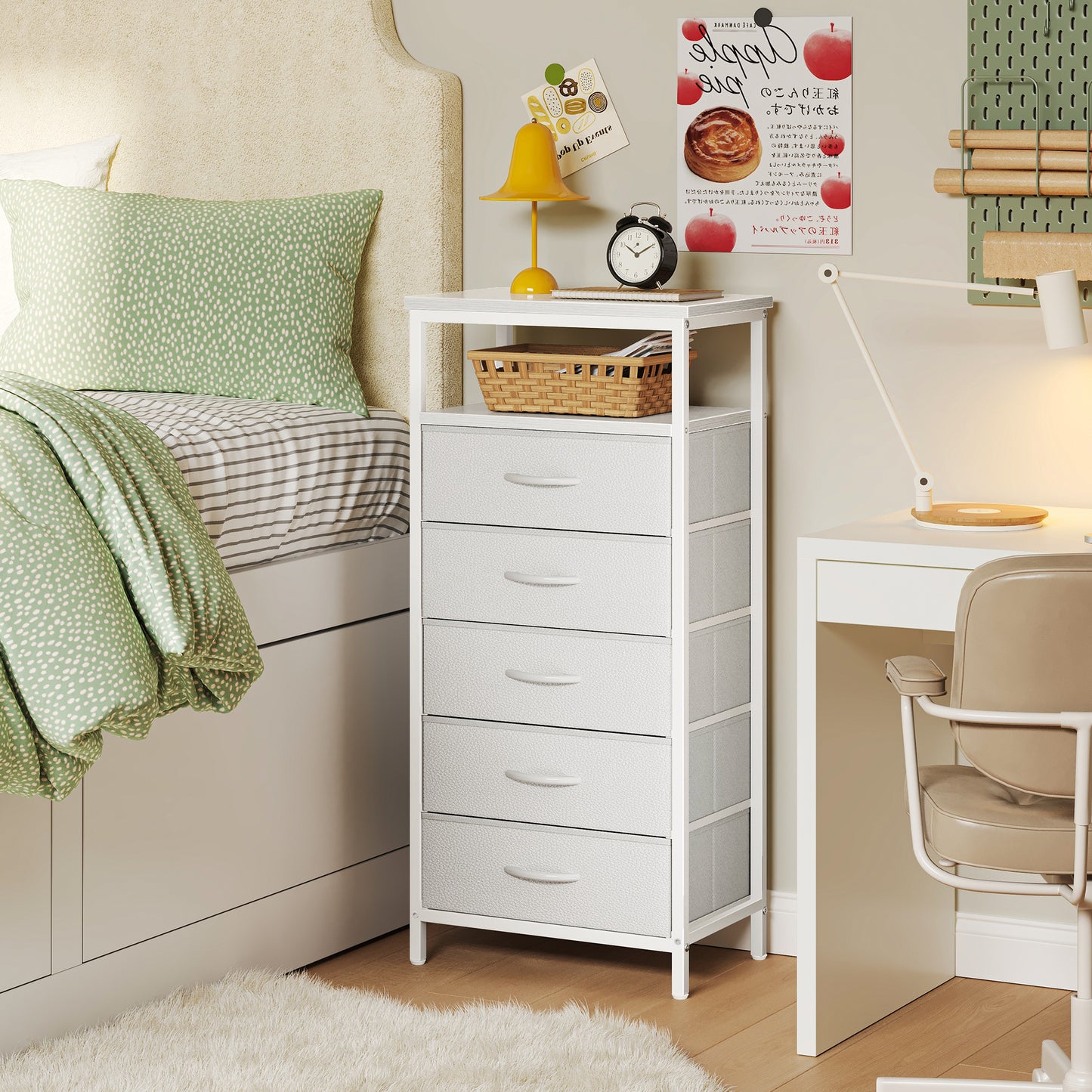 Huuger 5 Drawers Dresser with Charging Station, Dresser for Bedroom, Tall Night Stand, Chest of Drawers with Open Shelf, Bedside Table Nightstand, Fabric Storage Drawers, for Entryway, White