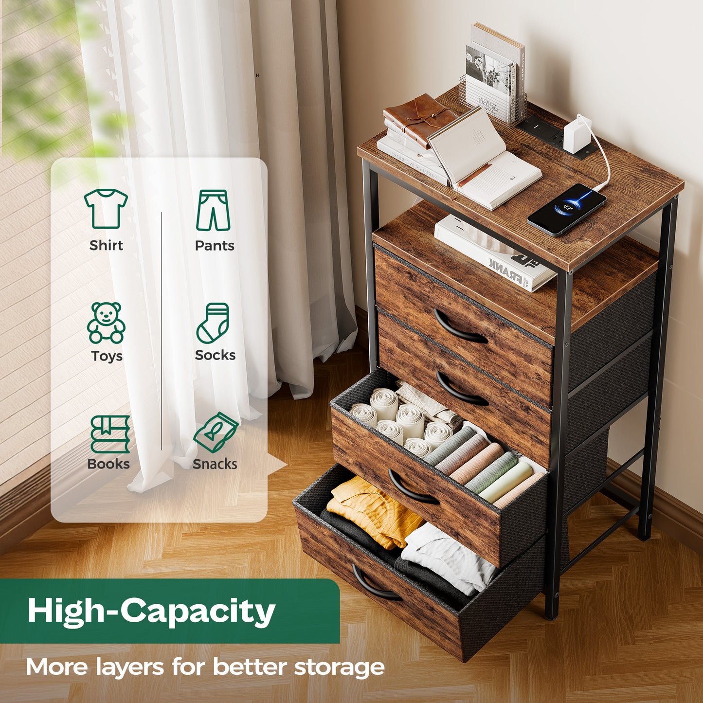 Huuger Night Stand with Charging Station, 4 Drawer Dresser for Bedroom, Bedside Table, 33.9 Inch Tall Nightstand with Open Shelf, End Table, for Closet, Entryway, Bedroom, Rustic Brown