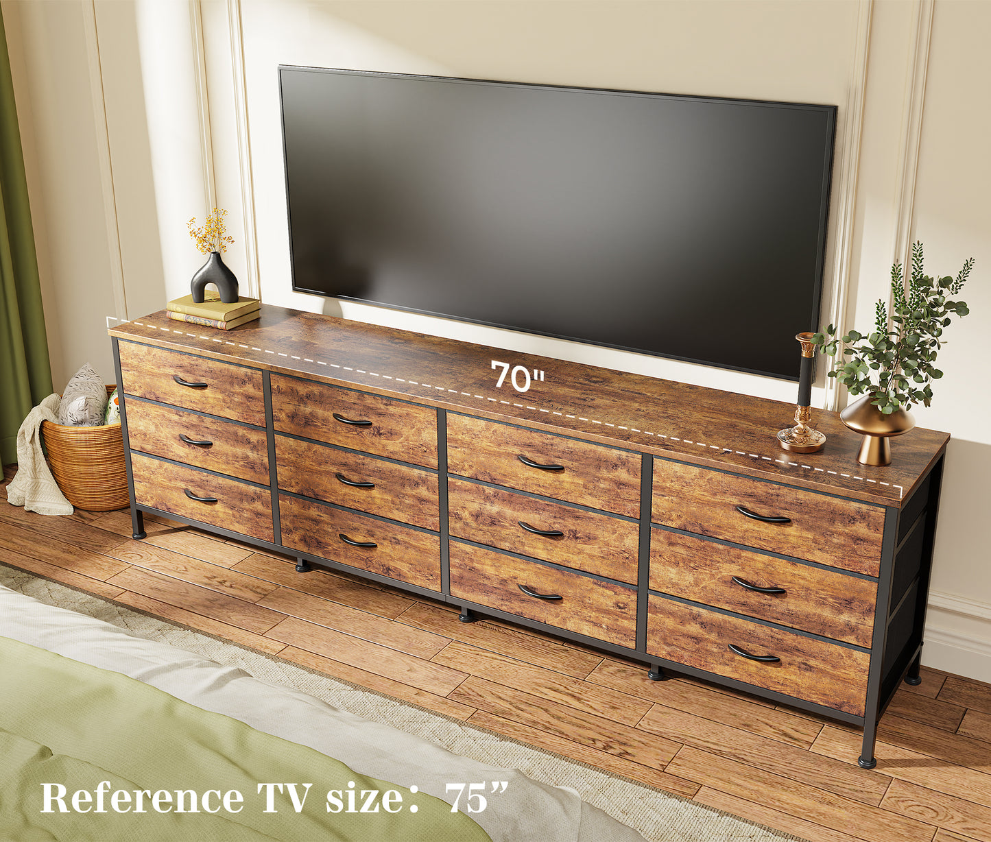 Huuger 70 Inch Dresser for Bedroom, TV Stand for 65, 75, 80 Inch TV, 12 Fabric Drawer Long Dresser, Large Entertainment Center for Bedroom, Wide Chest of Drawer with Storage