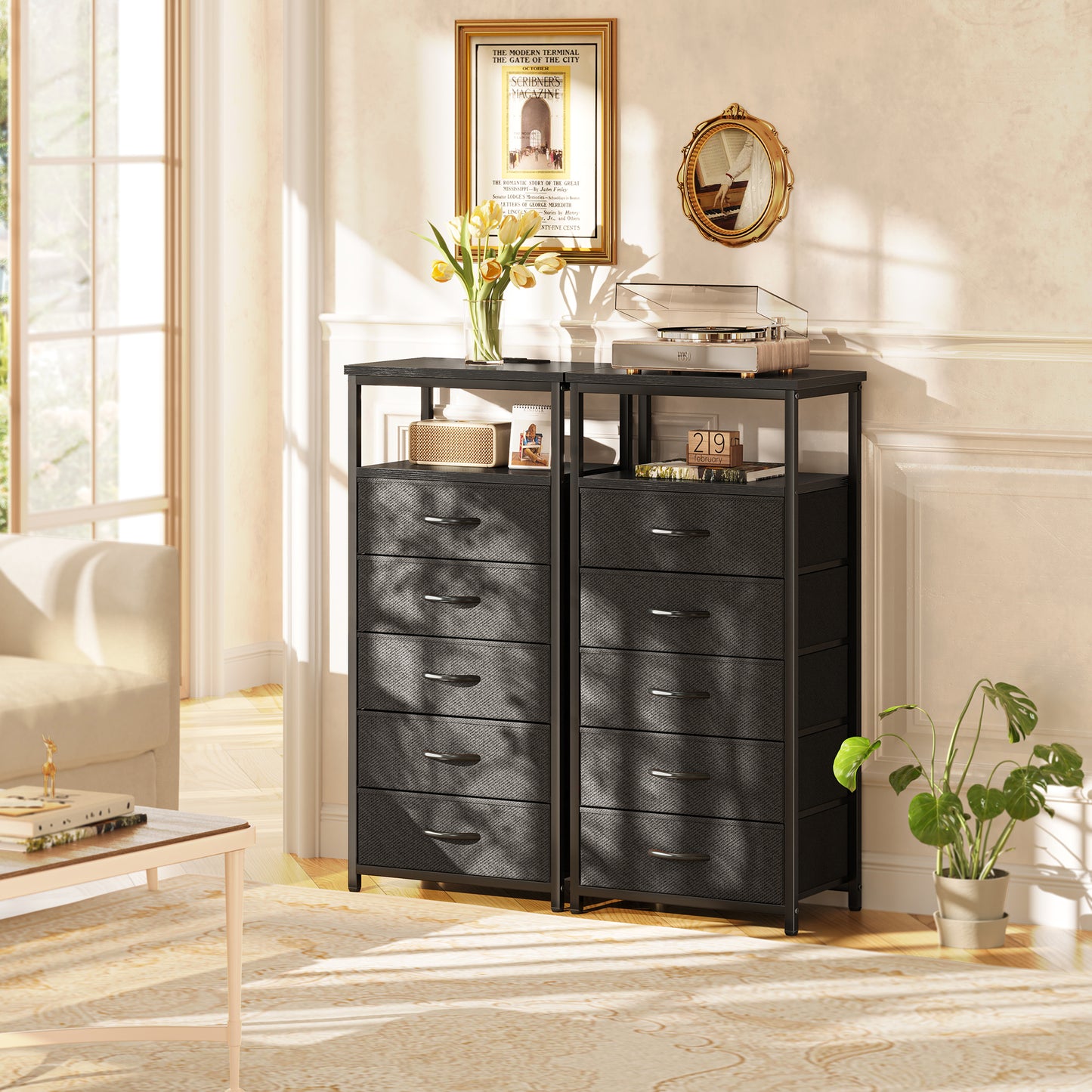 Huuger 5 Drawers Dresser with Charging Station, Dresser for Bedroom, Tall Night Stand, Chest of Drawers with Open Shelf, Bedside Table Nightstand, Fabric Storage Drawers, for Entryway, Black