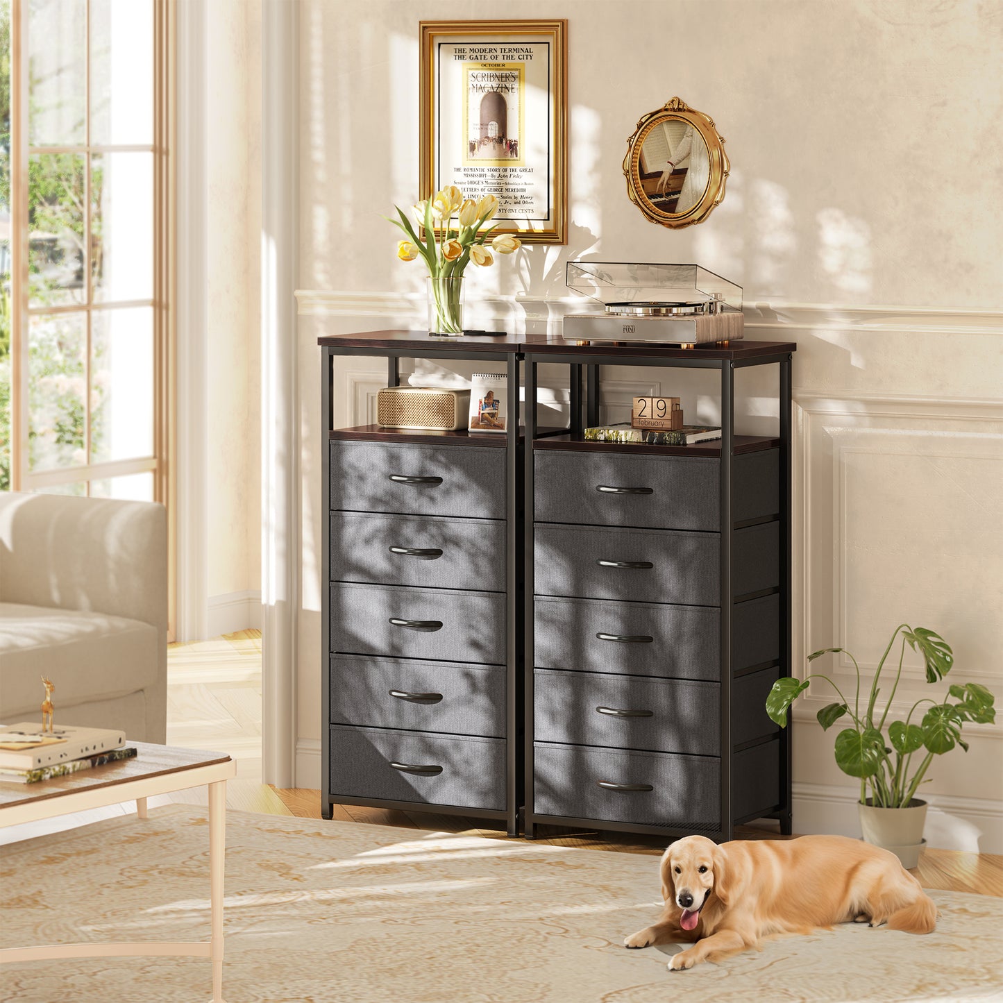 Huuger 5 Drawers Dresser with Charging Station, Dresser for Bedroom, Tall Night Stand, Chest of Drawers with Open Shelf, Bedside Table Nightstand, Fabric, for Entryway, Adult Only, Walnut