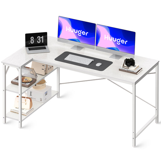 Huuger L Shaped Desk, 55 Inches Computer Desk with Reversible Storage Shelves, Gaming Desk, Corner Desk Home Office Desks, Writing Desk Study Desk with Metal Frame, White