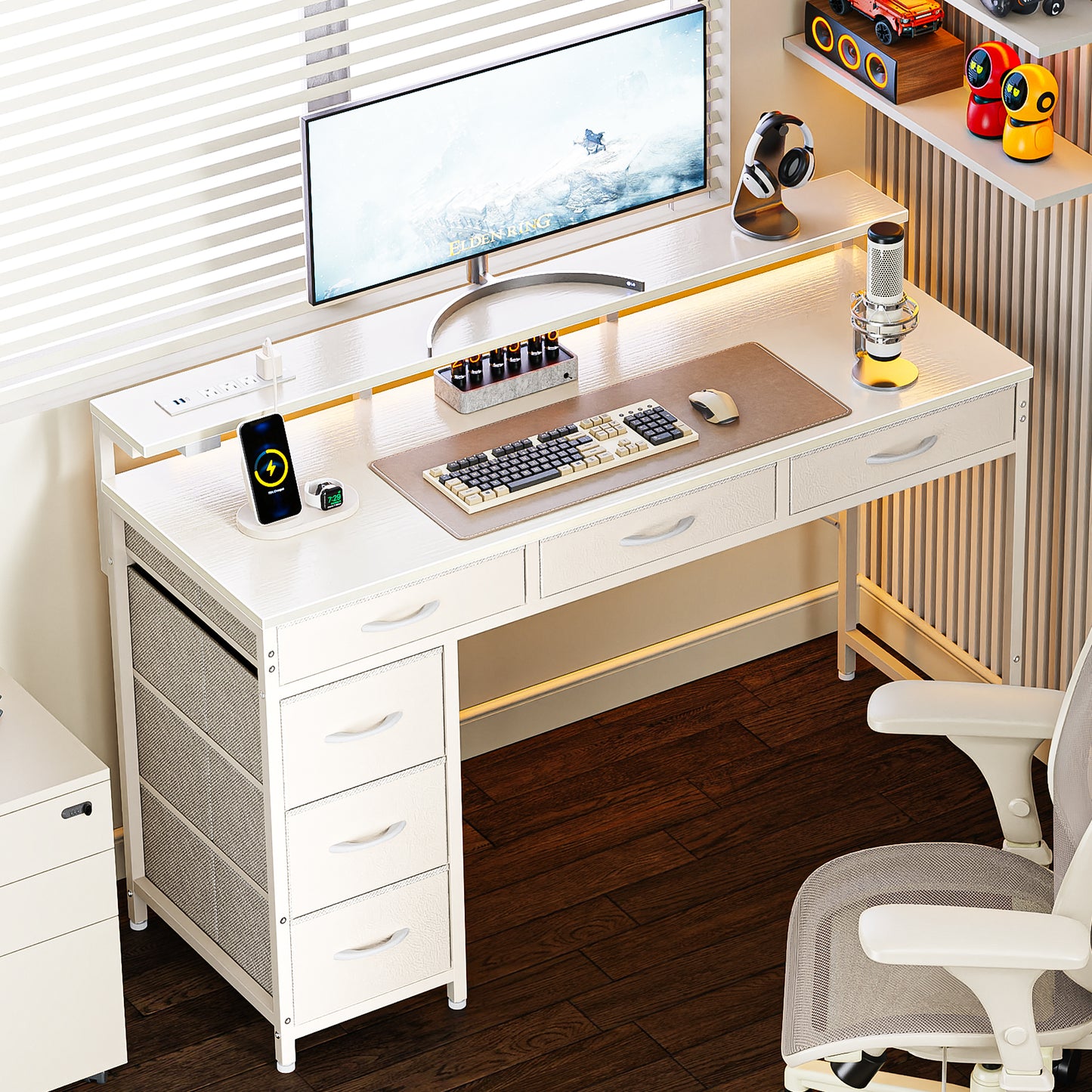 Huuger Gaming Desk with 6 Drawers, Computer Desk with LED Lights Power Outlets and Type-C, 47 Inch Office Table with Storage, Monitor Stand, Writing & Work Home Office, Bedroom, Study, White