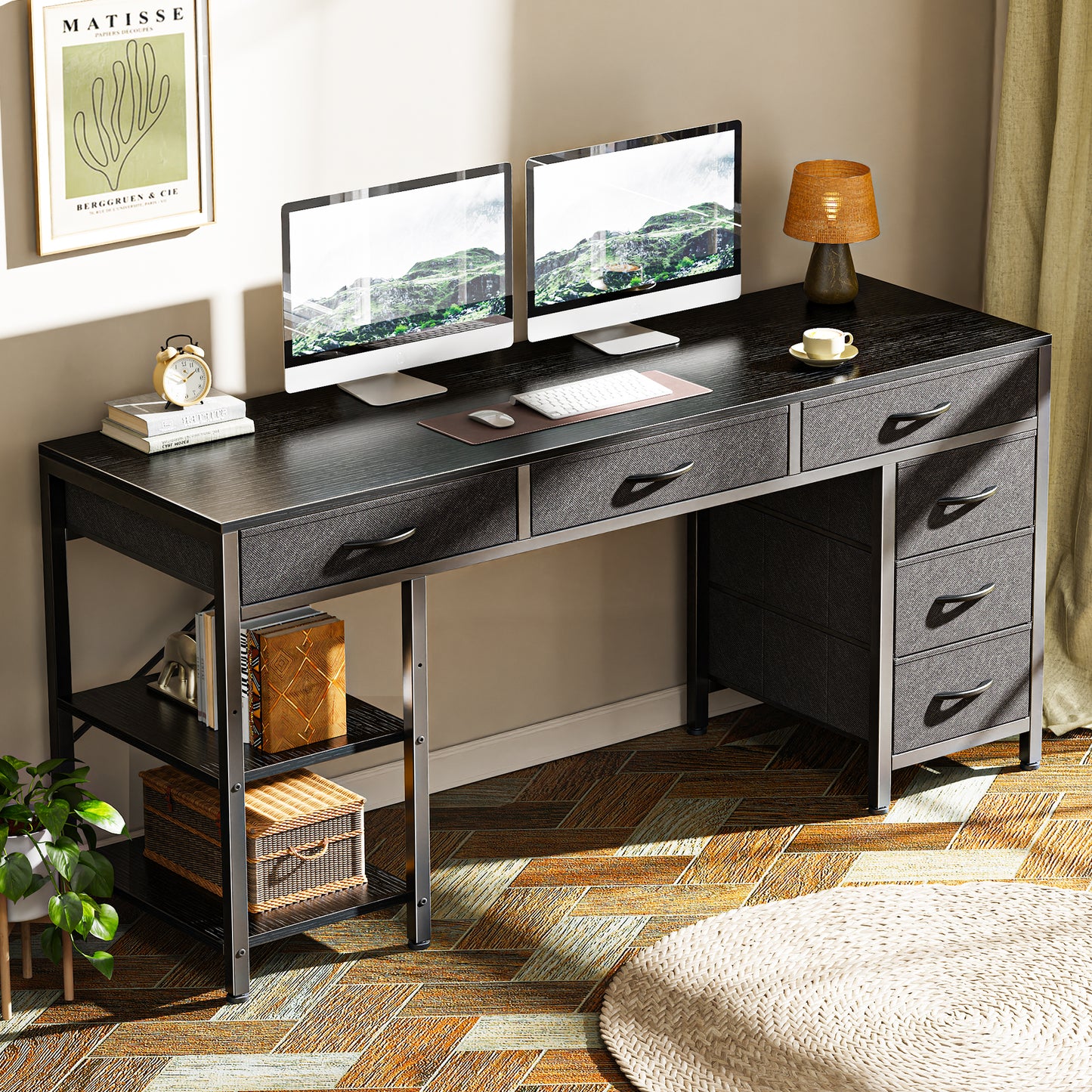 Huuger Computer Desk with 6 Drawers, 54 Inch Office Desk with Shelves, Reversible Gaming Desk, Corner Desk with Storage, Work Desk for Home Office, Study, Living Room, Black