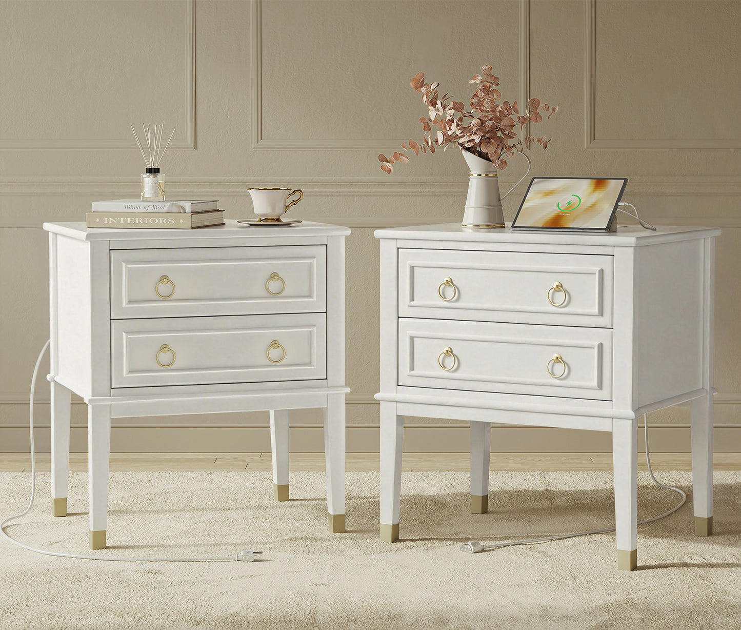 Huuger 27.6 Inch Tall Nightstand with Charging Station, USB-C Port Larger Night Stand Set of 2, Bedside Table with 2 Drawers, 11.4 Inch Raised Legs, Side Tables End Tables, for Bedroom, White