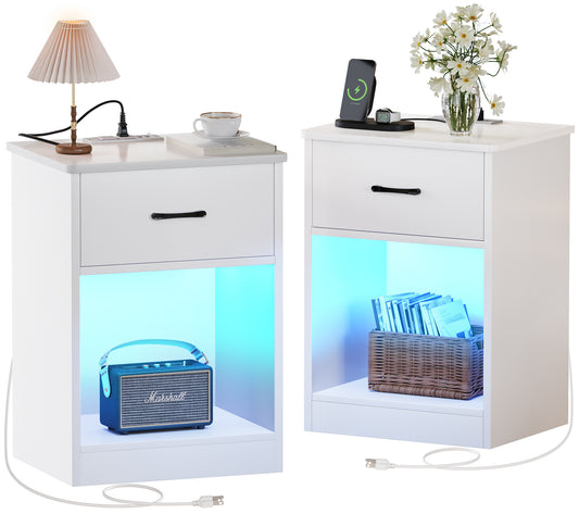 Huuger Nightstands Set of 2, Night Stands with Charging Station & LED Light Strips, Bedside Tables with Drawer, Side Tables Bedroom, Open Storage, White