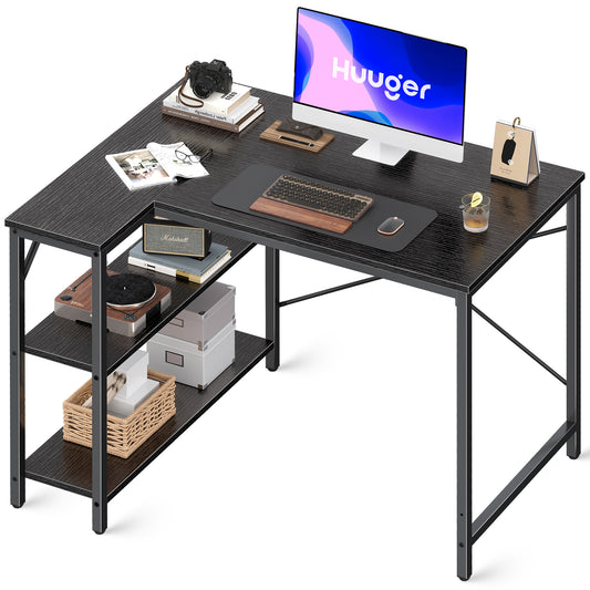 Huuger L Shaped Desk, 39 Inches Computer Desk with Reversible Storage Shelves, Black