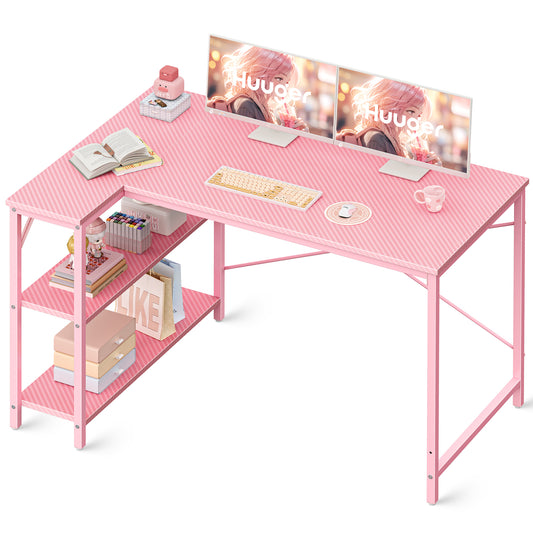 L Shaped Computer Desk with Reversible Storage Shelves, Gaming Corner Desk for Home Office, Writing Study Desk with Metal Frame, Pink