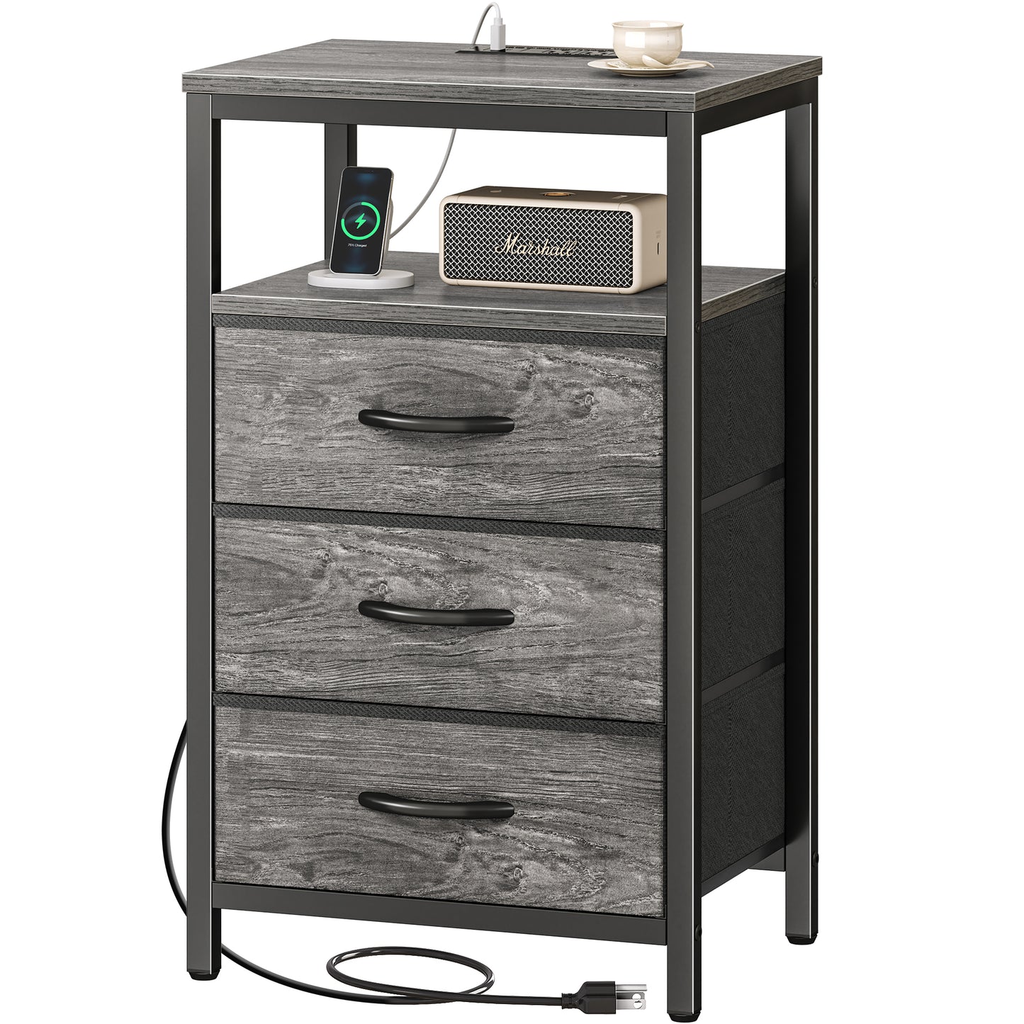 Huuger Nightstand with Charging Station, 27.6 Inch End Table Bedside Table with USB Ports and Outlets, Night Stand for Bedroom, Fabric Drawers, Grey