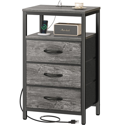 Huuger Nightstand with Charging Station, 27.6 Inch End Table Bedside Table with USB Ports and Outlets, Night Stand for Bedroom, Fabric Drawers, Grey