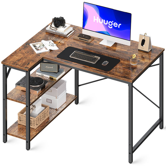 Huuger L Shaped Desk, 39 Inches Computer Desk with Reversible Storage Shelves, Gaming Desk,Rustic Brown