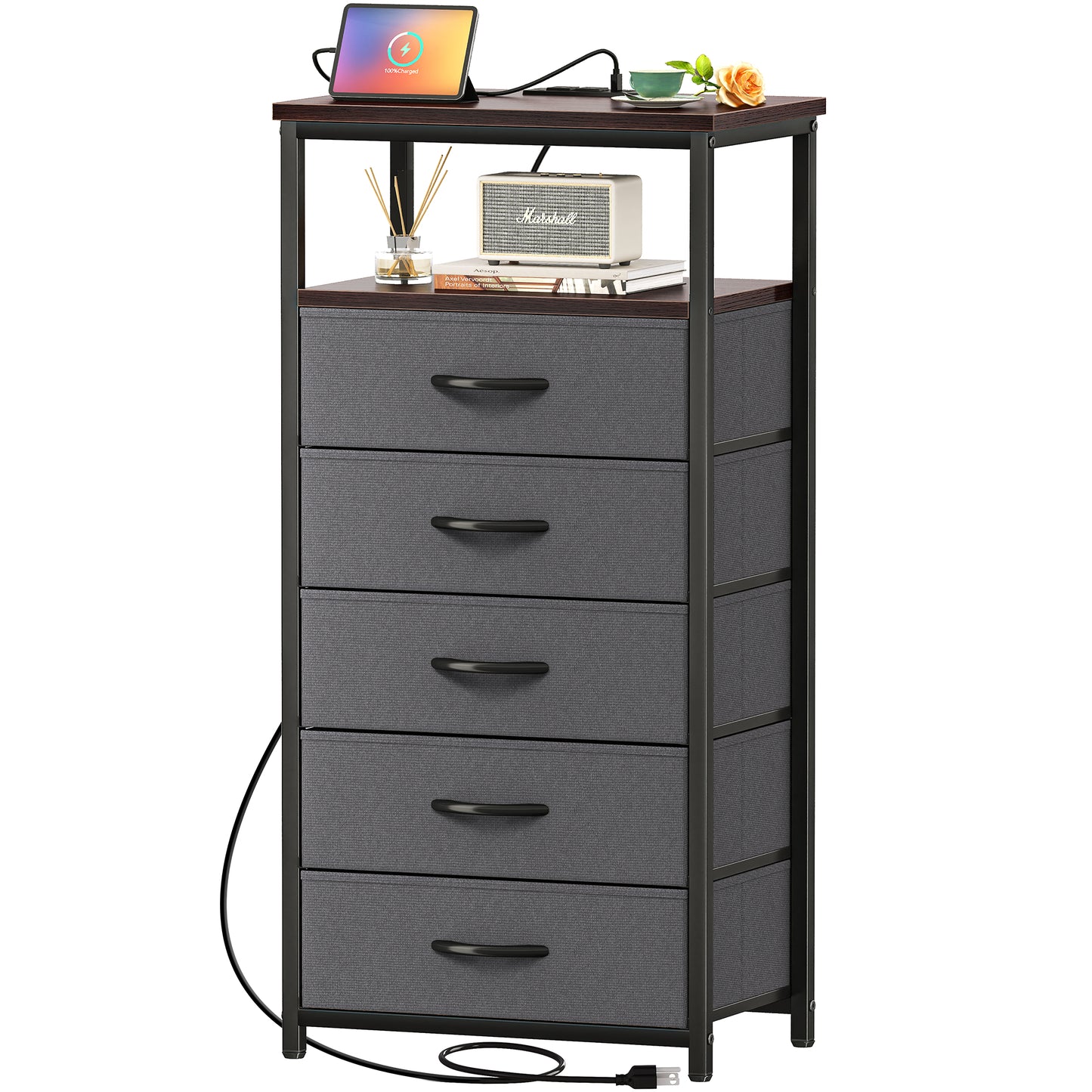 Huuger 5 Drawers Dresser with Charging Station, Dresser for Bedroom, Tall Night Stand, Chest of Drawers with Open Shelf, Bedside Table Nightstand, Fabric, for Entryway, Adult Only, Walnut