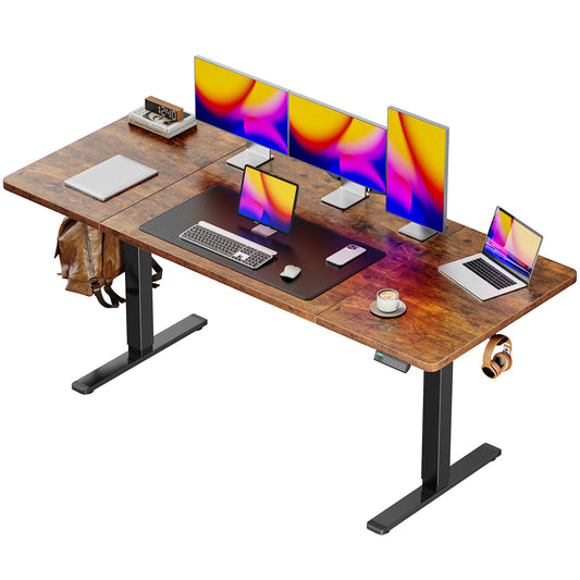Huuger 63 x 28 Large Electric Standing Desk, Height Adjustable Computer Desk, 27.6" Deep Desktop, Stand up Gaming Office Table with 2 Hooks, 3 Preset Heights, for Home Office, Rustic Brown