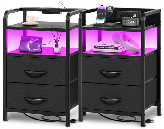 Huuger Nightstands Set of 2, Night Stand with LED Lights, Charging Station USB-C Ports, 2 Fabric Drawers Bedside Table, Open Shelf, 2-Way Power Panel Install, End Table for Bedroom, Black
