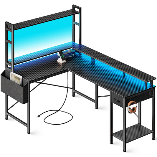 Huuger L Shaped Desk Gaming Desk with LED Lights & Power Outlets, Computer Desk with Storage Shelves, Carbon Fiber Black