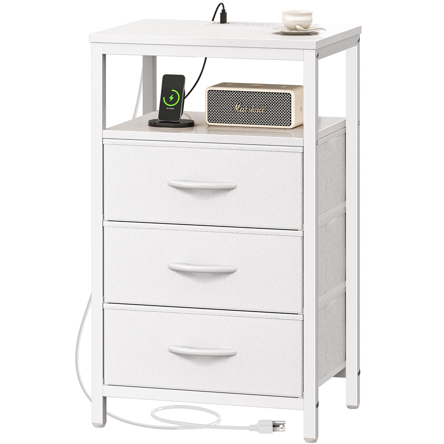 Huuger Nightstand with Charging Station, 27.6 Inch Side Table with Drawers, PU Leather Finish, End Table Bedside Table with USB Ports and Outlets, Night Stand for Bedroom, White