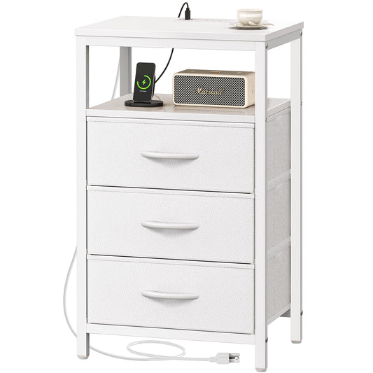 Huuger Nightstand with Charging Station, 27.6 Inch Side Table with Drawers, PU Leather Finish, End Table Bedside Table with USB Ports and Outlets, Night Stand for Bedroom, White