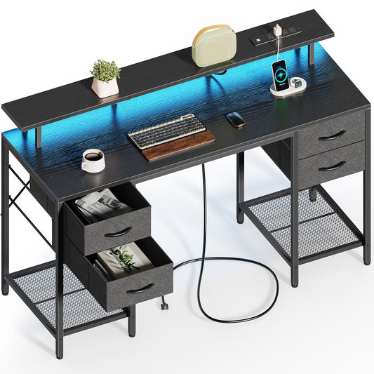 Huuger 55 inch Computer Desk with 4 Drawers, Gaming Desk with LED Lights & Power Outlets, Home Office Desk with Large Storage Space for Bedroom, Black