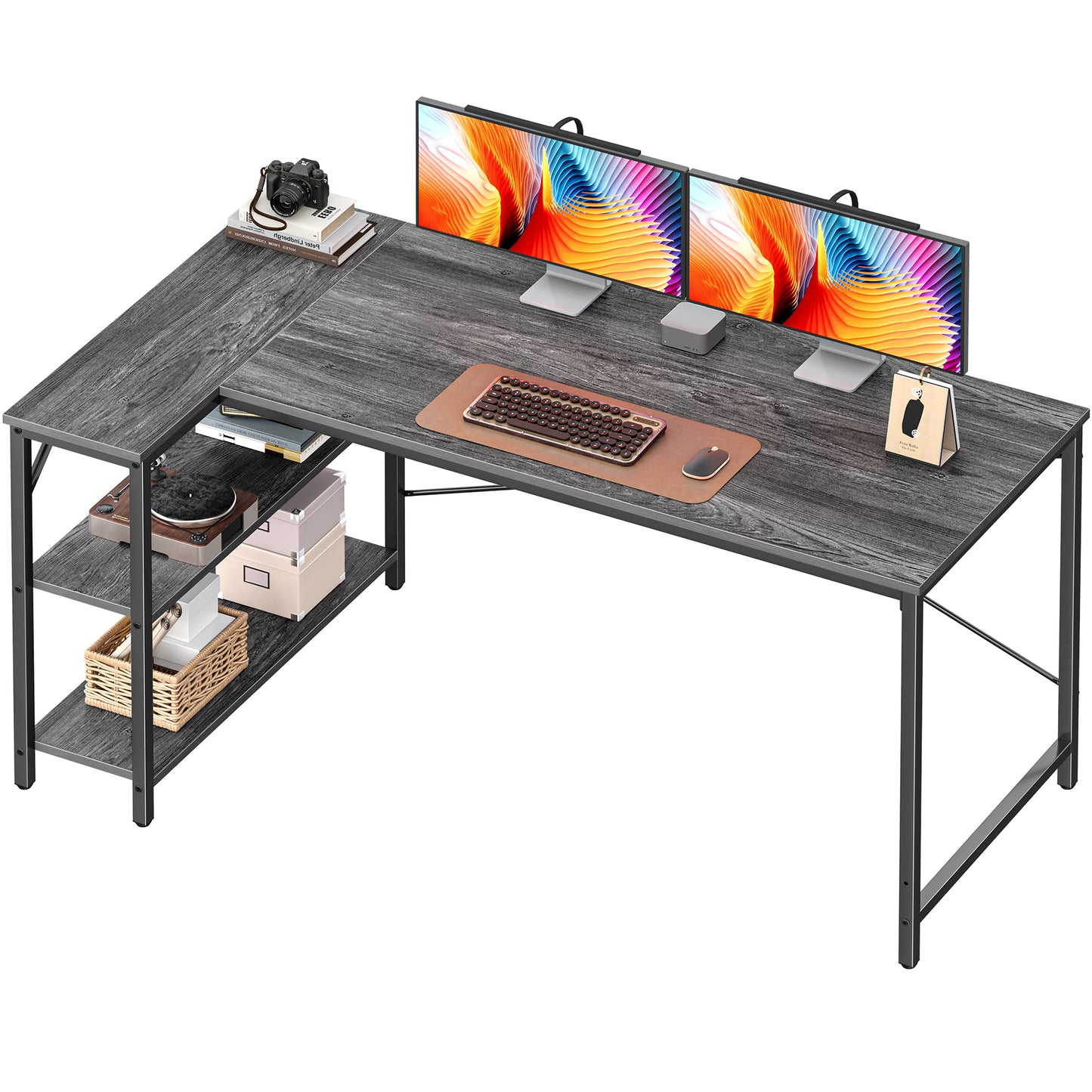 Huuger L Shaped Desk, 55 Inches Computer Desk with Reversible Storage Shelves, for Gaming Corner Home Office Writing Study, Metal Frame, Gray
