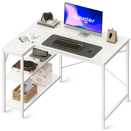 Huuger L Shaped Desk, 39 Inches Computer Desk with Reversible Storage Shelves, Gaming Desk, Corner Desk Home Office Desks, Writing Desk Study Desk with Metal Frame, White