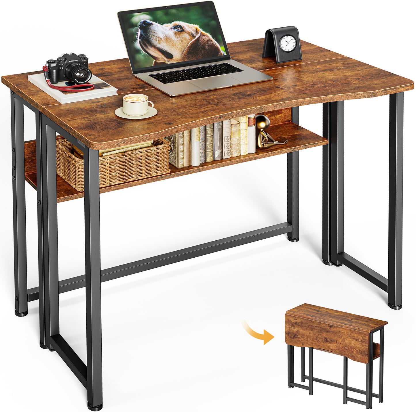 Huuger Folding Desk with Storage Shelf, 31.5 Inch Foldable Computer Table for Small Spaces, Space Saving Sofa Table for Couch, Writing Work Office Computer Desk, Easy to Fold, Rustic Brown