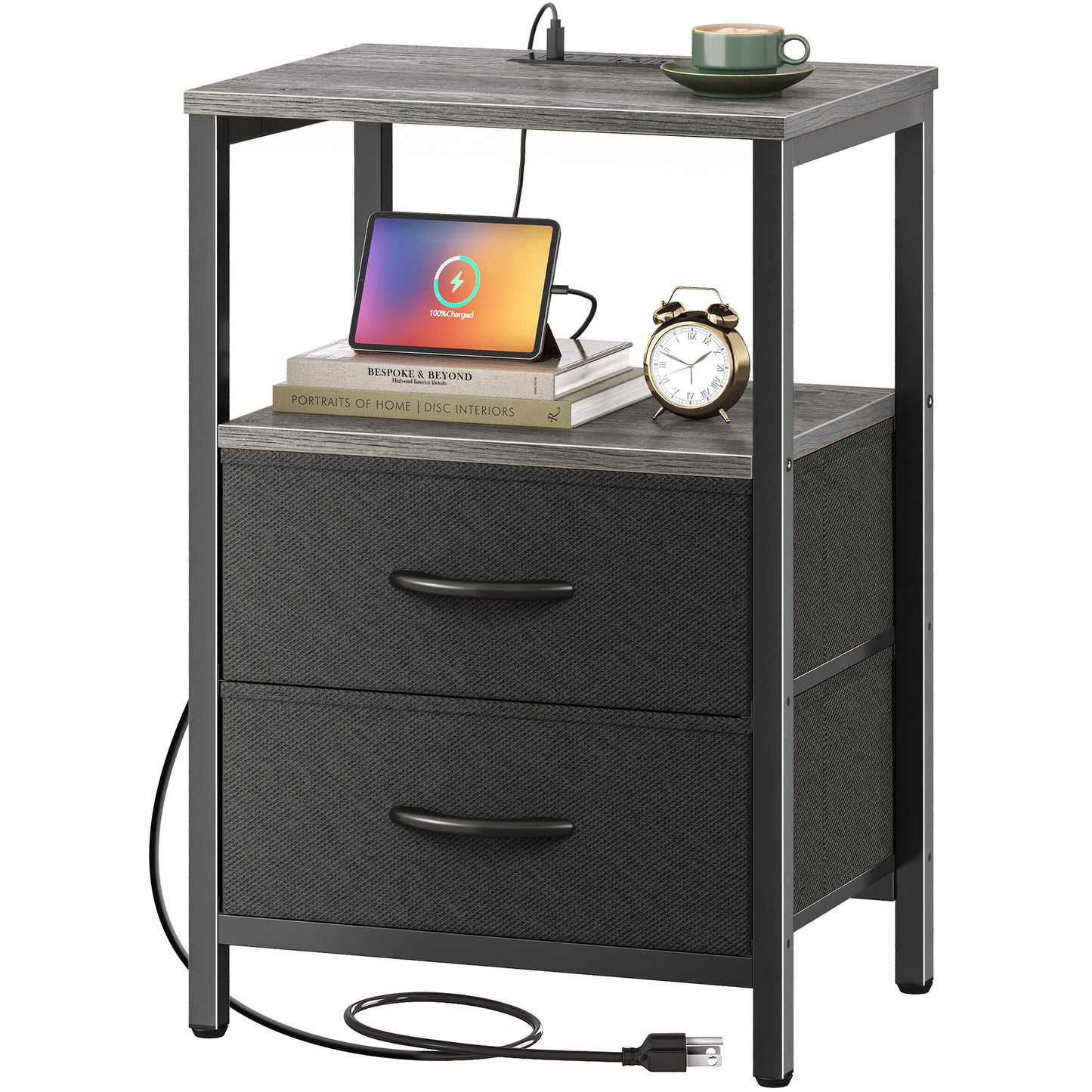 Huuger Nightstand with Charging Station, Side Table with Fabric Drawers, End Table with Open Shelf, Bedside Table with USB Ports and Outlets, Night Stand for Bedroom, Charcoal Gray