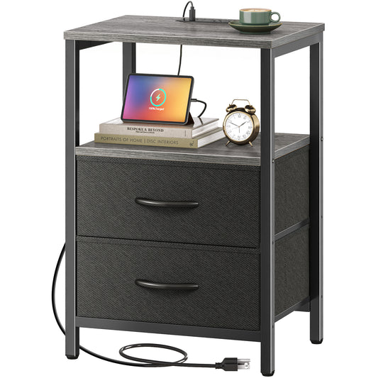 Huuger Nightstand with Charging Station, Side Table with Fabric Drawers, End Table with Open Shelf, Bedside Table with USB Ports and Outlets, Night Stand for Bedroom, Charcoal Gray