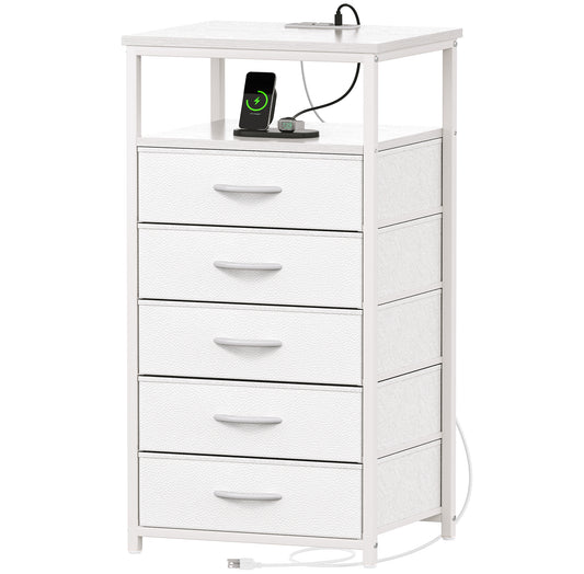 Huuger 5 Drawers Dresser with Charging Station, Dresser for Bedroom, Tall Night Stand, Chest of Drawers with PU Leather Finish, Open Shelf, Bedside Table Nightstand, for Entryway, White