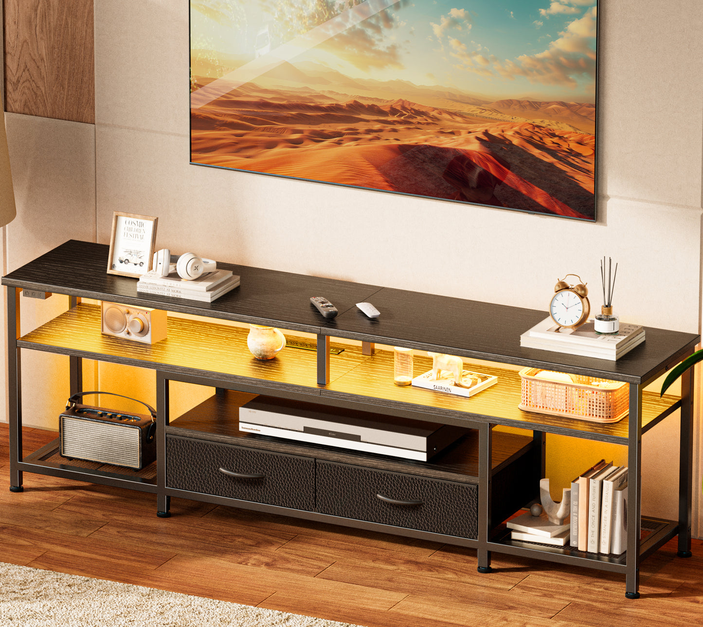 Huuger 63 Inch LED TV Stand for 65 70 Inch TV, Entertainment Center with Open Shelves and Power Outlets, TV Console for Living Room, Media Console with Drawers, Black