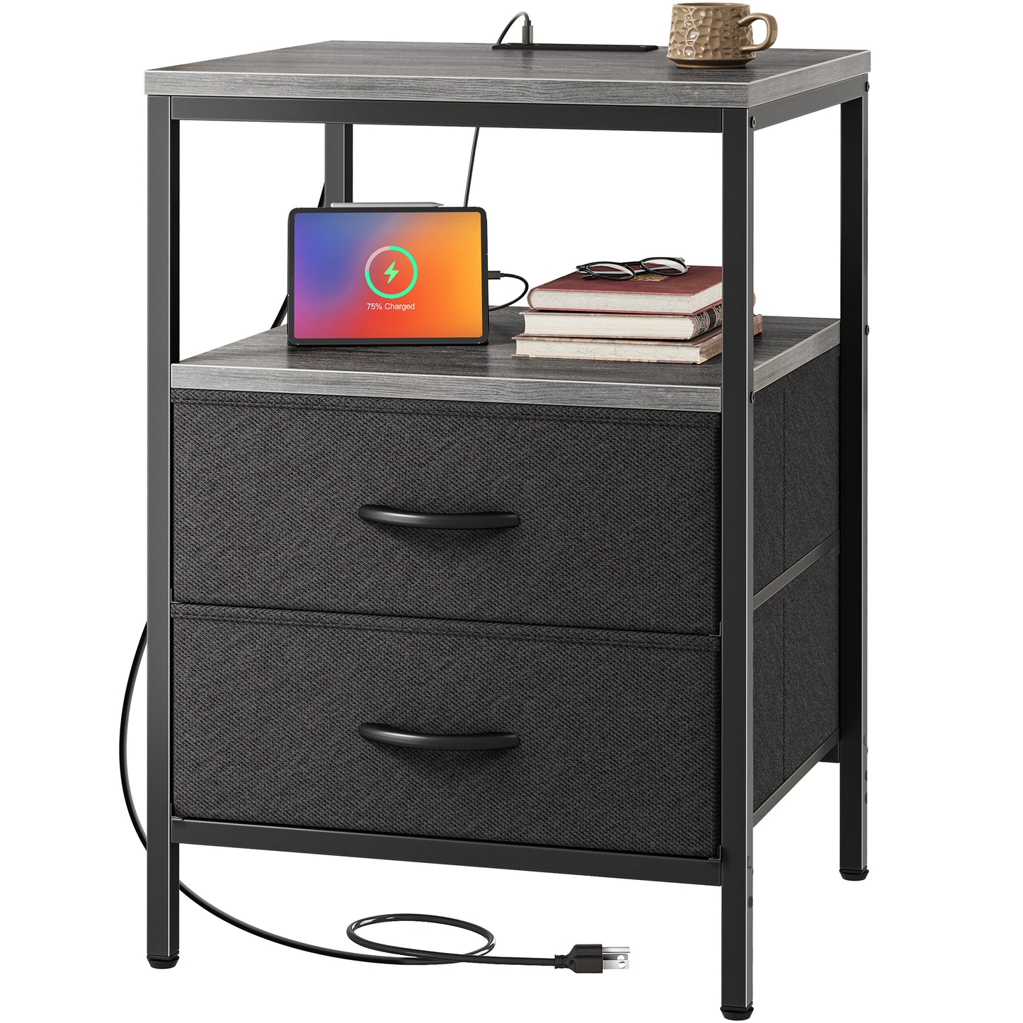 Huuger Night Stand with Charger Station, 27.7 Inch Tall Nightstand, Bed Side Table with 2 Fabric Drawers, Fabric Drawer Dresser for Bedroom, Living Room, Grey