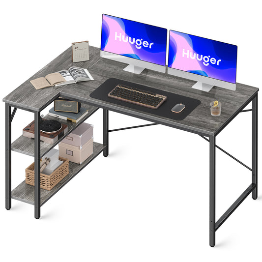 Huuger L Shaped Desk, 47 Inches Computer Desk with Reversible Storage Shelves, Gaming Desk, Corner Desk Home Office Desks, Writing Desk Study Desk with Metal Frame