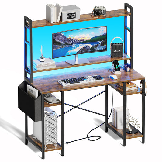 Huuger 47 inch Computer Desk with Adjustable Shelves, Gaming Desk with LED Lights & Power Outlets, Home Office Desk with Monitor Stand, Hooks & CPU Stand, Rustic Brown