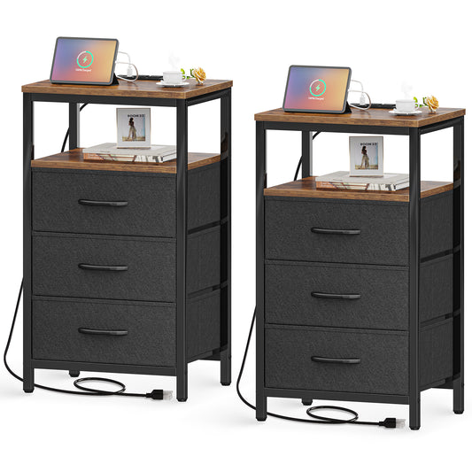 Huuger Nightstands Set of 2, 27.6 Inch End Tables with Charging Station, Side Tables with Fabric Drawers, Bedside Tables with USB Port and Outlet, Rustic Brown