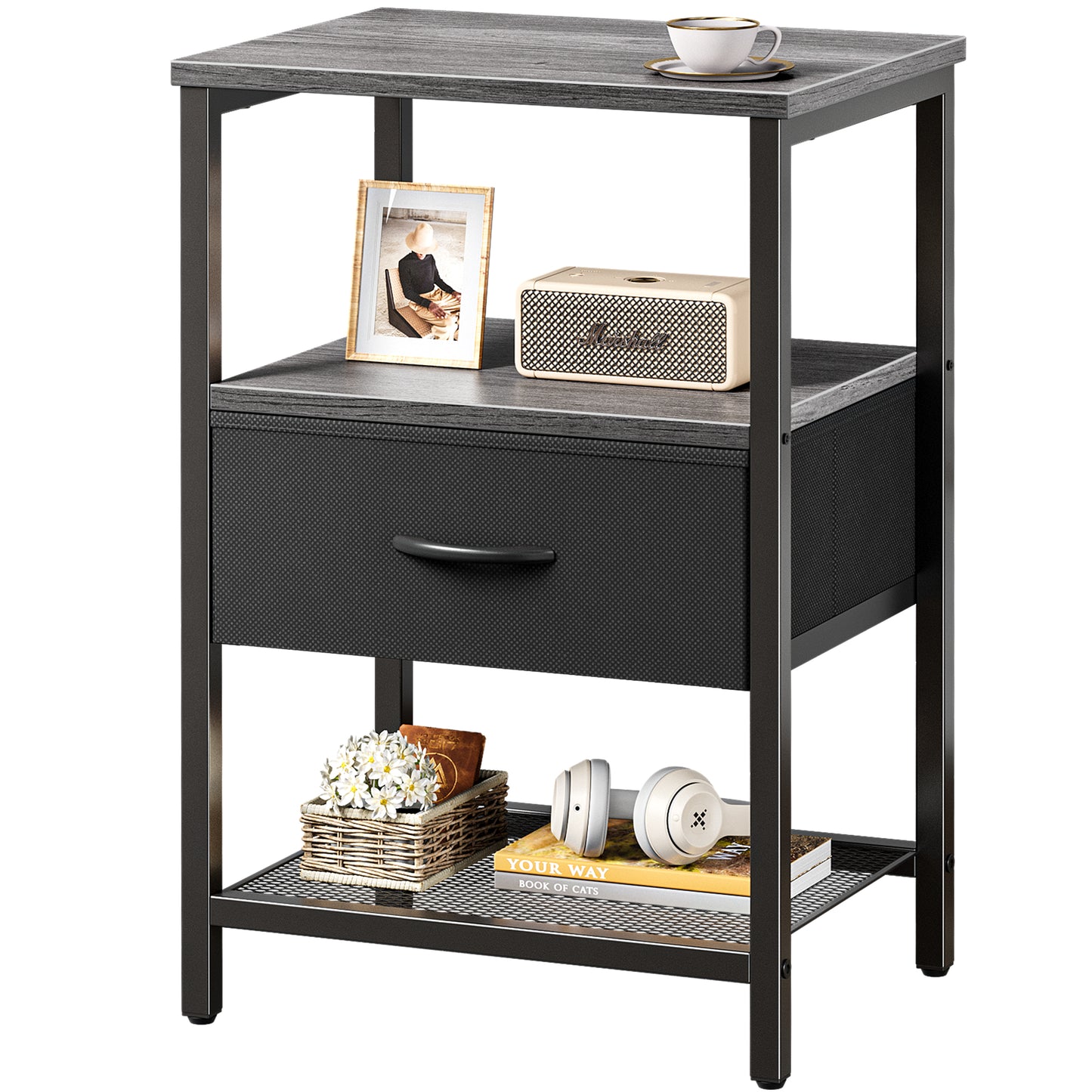 Huuger Night Stand with Fabric Drawer, Side Table with Mesh Shelf, Bedroom Nightstand, Fabric Drawer Dresser, Open Shelf, Metal Frame, Couch Side, Charcoal Gray